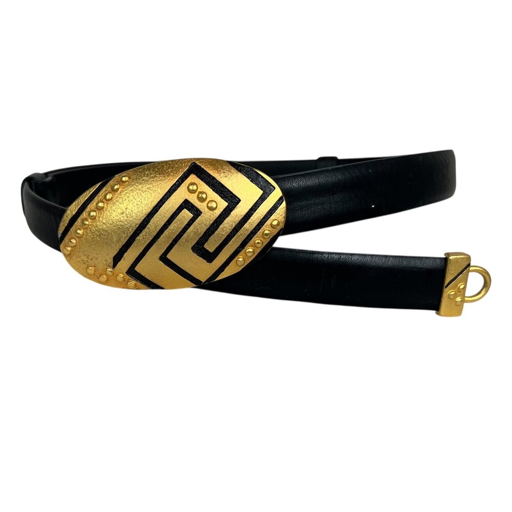 Chico's Black Leather Slide Adj Belt w Gold-Tone Buckle  Size M/L  Art Deco